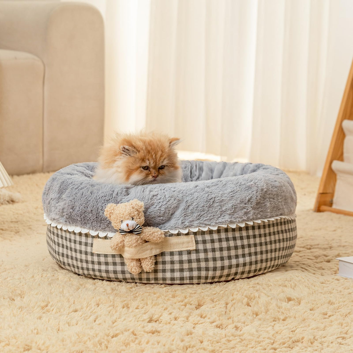 Jiupety Calming Donut Cat Bed for Indoor Cats Washable & Warm Puppy Bed Cute Cat Bed and Kitten Bed Princess Cat Bed with Anti-Slip Bottom Gray 20"×20" Fit 12lbs